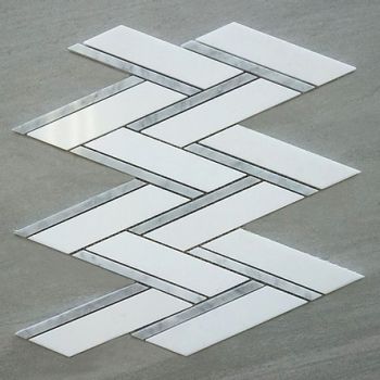 White Carrara & Thassos White Polished Herringbone Marble Mosaic Tile | Wall | Backsplash | Bathroom | Kitchen | Shower