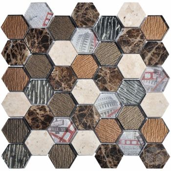 2x2 Hexagon Tour Brown Glass and Marble Mosaic Tile