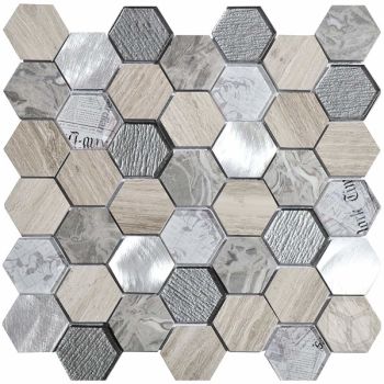 2x2 Hexagon Tour Grey Glass and Marble Mosaic Tile