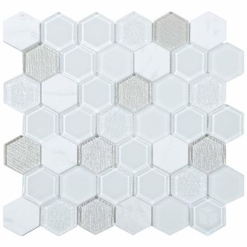 2x2 Hexagon Tour White Glass and Marble Mosaic Tile
