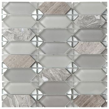 Vintage Grey Elongated Hexagon Pattern Glass and Marble Mosaic Tile