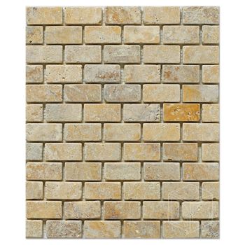 1x2 Yellow (Gold) Travertine Tumbled Mesh Mounted Mosaic Tile