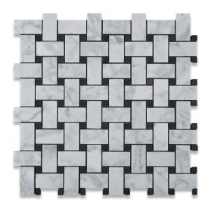 Italian White Carrara Marble 1" x 2" Basketweave with Black Dots Honed Mosaic Tile | Wall | Floor | Bathroom | Kitchen | Shower