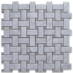 Italian White Carrara Marble 1" x 2" Basketweave with Grey dots Honed Mosaic Tile | Backsplash | Floor & Wall | Kitchen Bath Shower
