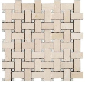 1 in. x 2 in. Crema Marfil Basketweave with White Carrara Dot Polished Marble Mosaic Tile | Floor | Wall | Accent | Backsplash | Shower