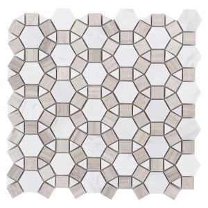 Aether Loft White Volakas Marble Mixed with Haisa Marble in Curcle Shape Polished Mosaic Tile