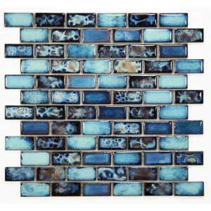 1 in. X 2 in. Brick Lake with Bright Blue and Flowery Design Handmade Porcelain Mosaic Tile | Pool Rated | Wall | Backsplash | Shower