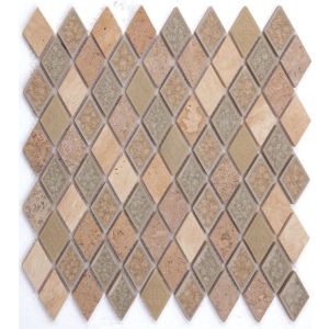 Diamond Pattern Multicolor Crackle Glass Mixed with Beige Lime Stone and Resin Decor Mosaic Tile