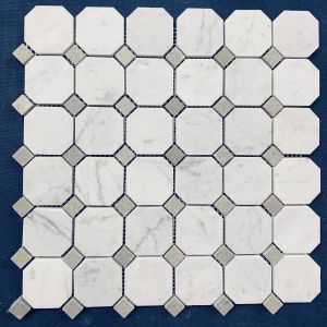 2 in. x 2 in. Italian White Carrara Honed Marble Octagon with Grey dot Mosaic Tile | Backsplash | Floor & Wall |  Kitchen Bath Shower