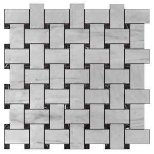 Bianco White Carrara 1” x 2” Basketweave with Nero Marquina Black Dots Polished Marble Mosaic Tile | Wall | Floor | Bathroom | Kitchen | Shower