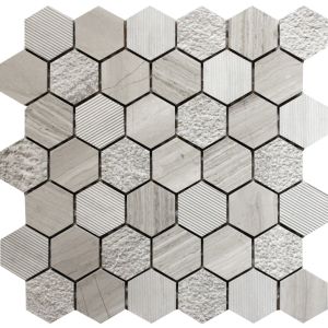 Indi Wooden Grey Marble Hexagon Mosaic Tile