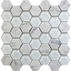 Mantra Carrara Marble White Hexagon Glass Mosaic Tile