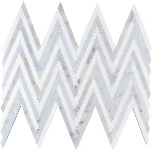 Arcadia Bianco Carrara White and Blue Herringbone Marble Mosaic Tile