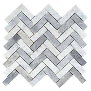 Chevron Long Loft Calacatta White & Bardiglio Grey Marble Herringbone Polished Mosaic Tile
