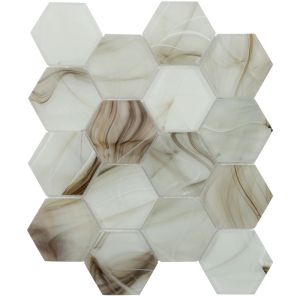 Amber White & Brown Hexagon Pattern Glass Mosaic Tile