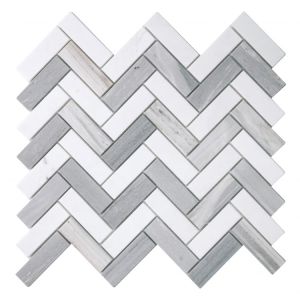 Blue Palissandro and Volakas White Marble in a Herringbone Mosaic Tile | Kitchen | Bathroom | Shower | Wall | Backsplash | Accent Wall