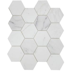 3 in. x 3 in. Hexagon Calacatta White Marble Mosaic Tile | Accent Wall | Interior Wall | Shower Wall | Shower Floor | Exterior Wall