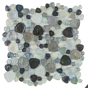  12x12 Pebble Pattern White and Multi-Grey Melted Glass Mosaic Tile