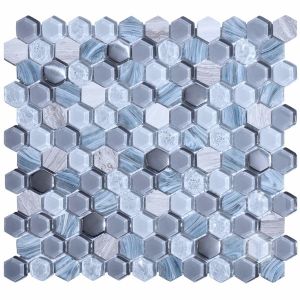 1x1 Hexagon Living Grey Glass and Marble Mosaic Tile