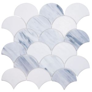 Newport Scale Loft Stained Glass White & Grey Full Body Glass Mosaic in Fish Scale Pattern Mosaic Tile | Wall | Backsplash | Accent