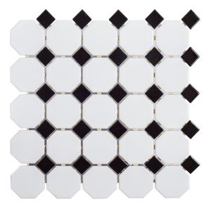 11.5 in. x 11.5 in. Retro Bianco White Octagon with Black Dot Glossy Porcelain Mosaic Tile | Kitchen | Bathroom Floor | Shower | Wall | Backsplash