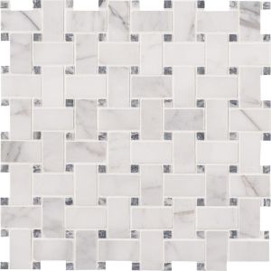 1"x 2" Calacatta Cressa White Basketweave With Grey Dot Honed Marble Mosaic Tile