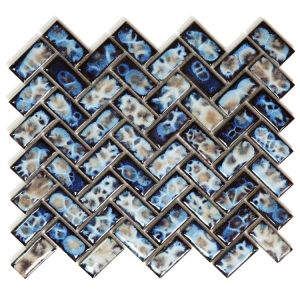 1 in. x 2 in. Tango Ocean Handmade, Multi-Blue Flower Painted Herringbone Porcelain Mosaic Tile | Pool Rated | Wall | Backsplash | Shower