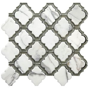 Trellis Bianco Carrara Marble Polished 12x12 Waterjet Glass Mosaic Tile